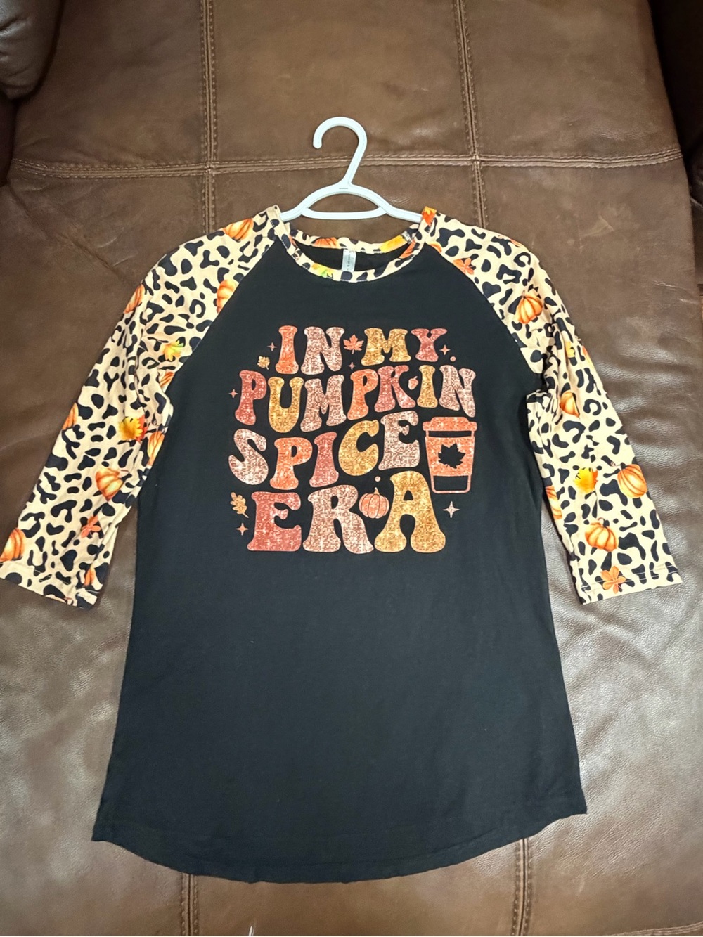 Ladies Blk Sm. “In my Pumpkin Spice Era” Raglan Tee-Leopard Pumpkin 3/4 alc #213